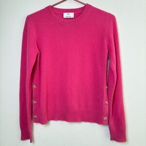 ALLUDE 100% Cashmere Crew Neck Sweater Side Buttons Fuchsia Magenta Preppy XS
